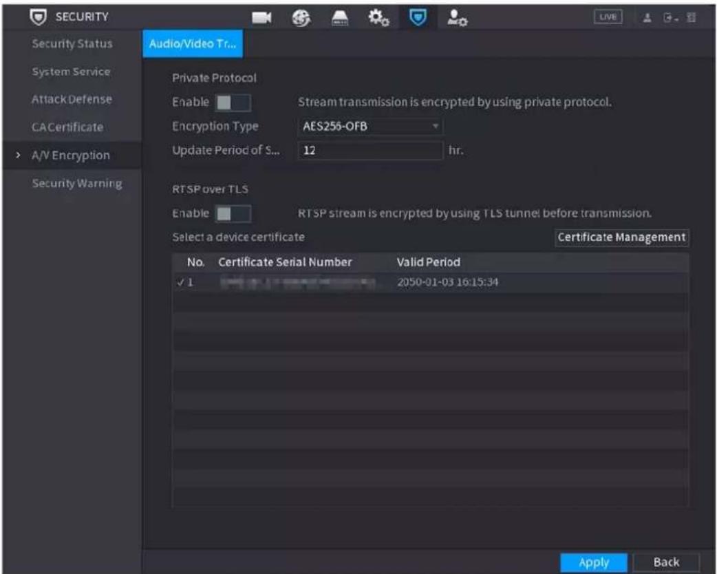 SECURITY Security Status System Service AttackDefense CACertificate A/V Encryption Security Warning Audio/Video Tr... Private Protocol Enable Stream transmission is encrypted by using private protocol. Encryption Type AES255-OFB Update Period of S... 12 hr. RTSP over TLS Enable RTSP stream is encrypted by using TLS tunnel before transmission. Select a device certificate Certificate Management No. Certificate Serial Number Valid Period ✓ 1 2050-01-03 16:15:34 Apply Back