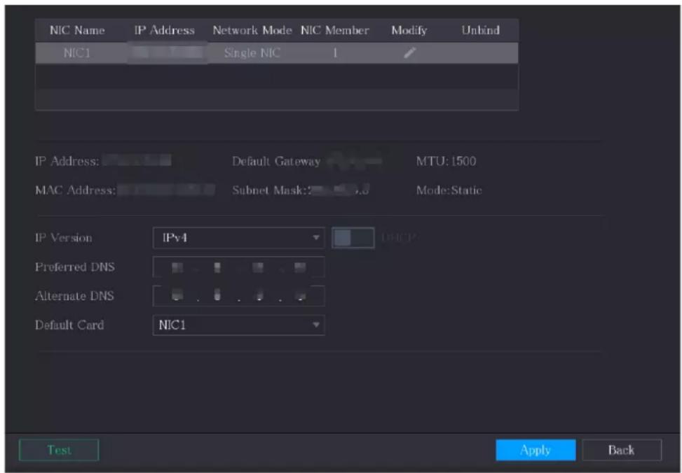 NIC Name IP Address Network Mode NIC Member Modify Unbind NIC1 Single NIC 1 IP Address: Default Gateway MTU: 1500 MAC Address: Subnet Mask: Mode: Static IP Version IPv4 Preferred DNS Alternate DNS Default Card NIC1 Test Apply Back