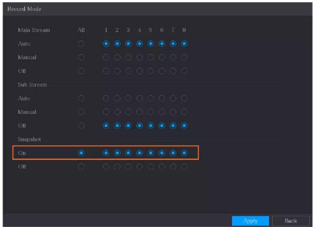Record Mode Main Stream All 1 2 3 4 5 6 7 8 Auto Manual Off Sub Stream Auto Manual Off Snapshot On Off Apply Back