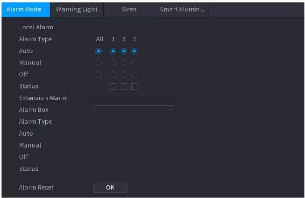 Alarm Mode Warning Light Siren Smart Illumin... Local Alarm Alarm Type All 1 2 3 Auto Manual Off Status Extension Alarm Alarm Box Alarm Type Auto Manual Off Status Alarm Reset OK