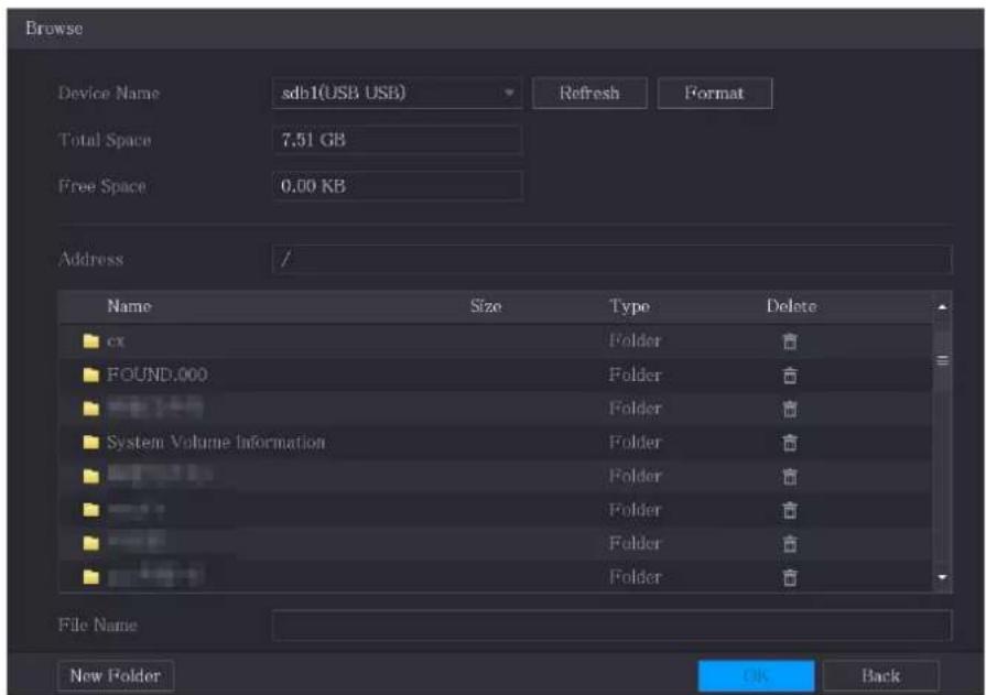 Browse Device Name:sdb1(USB USB) Refresh Format Total Space 7.51 GB Free Space 0.00 KB Address // Name Size Type Delete □ cx Folder □ □ FOUND.000 Folder □ □ System Volume Information Folder □ □ Folder □ □ Folder □ □ Folder □ File Name: New Folder OK Back