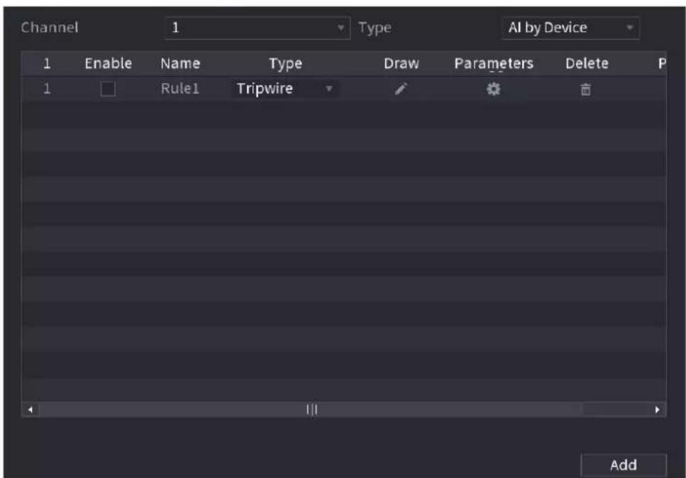 Channel 1 Type AI by Device 1 Enable Name Type Draw Parameters Delete P 1 Rule1 Tripwire Add
