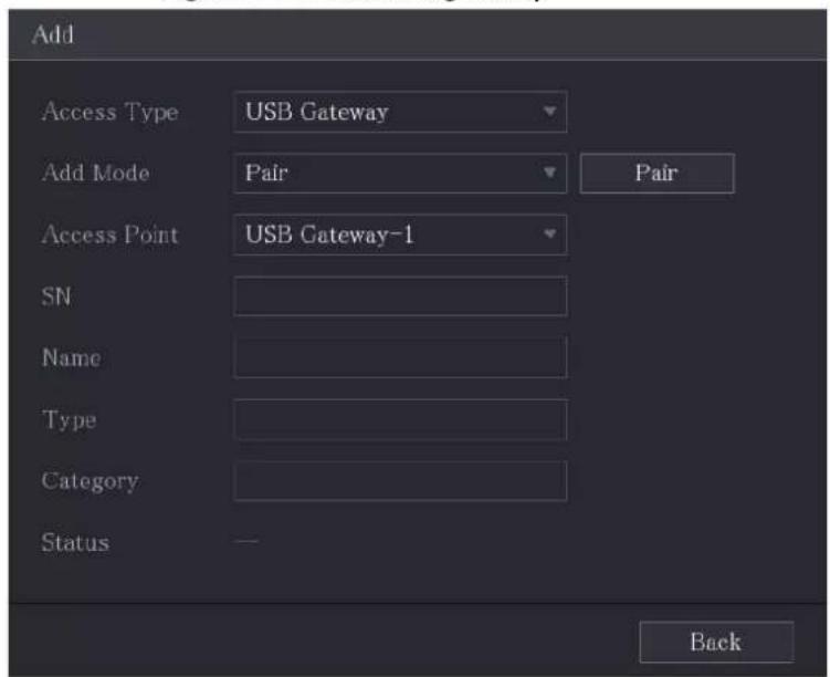 Add Access Type USB Gateway Add Mode Pair Pair Access Point USB Gateway-1 SN Name Type Category Status — Back
