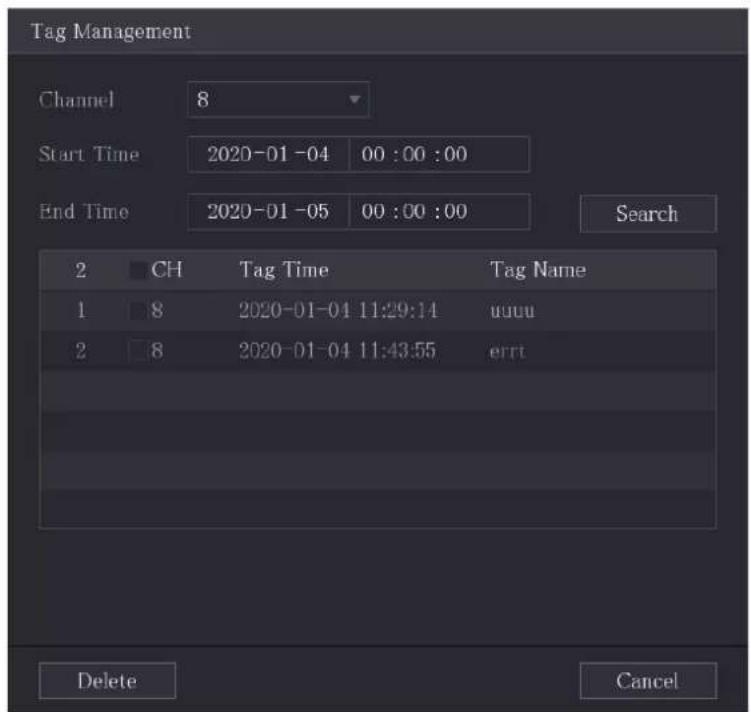 Tag Management Channel 8 Start Time 2020-01-04 00:00:00 End Time 2020-01-05 00:00:00 Search 2 CH Tag Time Tag Name 1 8 2020-01-04 11:29:14 uuuu 2 8 2020-01-04 11:43:55 errt Delete Cancel
