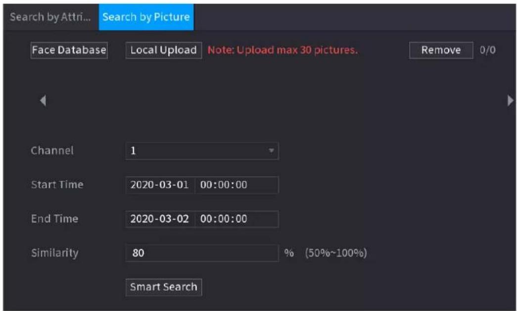 Search by Attribute... Search by Picture Face Database Local Upload Note: Upload max 30 pictures. Remove 0/0 Channel 1 Start Time 2020-03-01 00:00:00 End Time 2020-03-02 00:00:00 Similarity 80 % (50%~100%) Smart Search