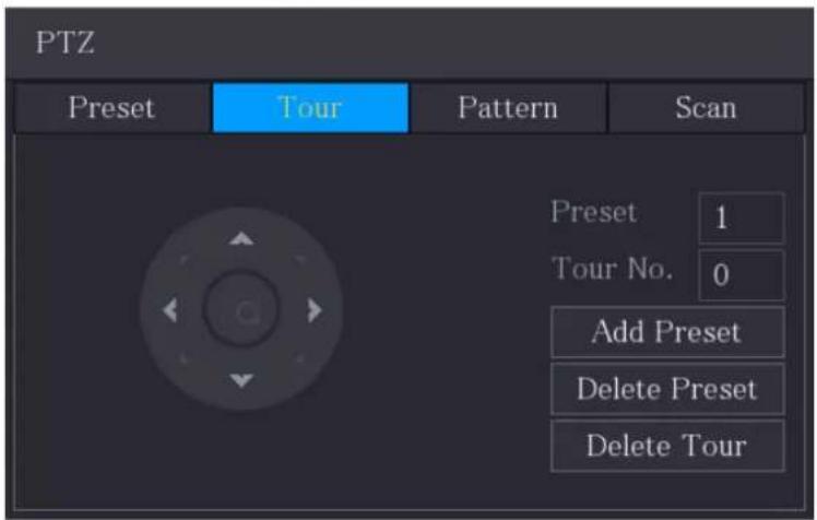 PTZ Preset Tour Pattern Scan Preset 1 Tour No. 0 Add Preset Delete Preset Delete Tour