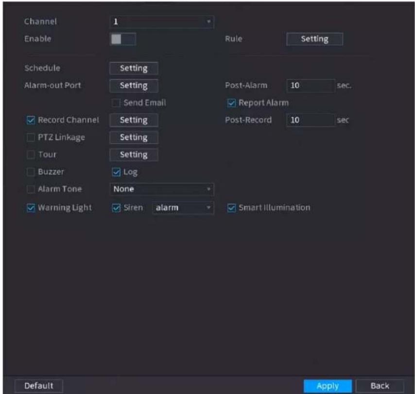 Channel Enable 1 Rule Setting Schedule Setting Alarm-out Port Setting Send Email Post-Alarm 10 sec. Record Channel Setting Report Alarm Post-Record 10 sec PTZ Linkage Setting Tour Setting Buzzer Log Alarm Tone None Warning Light Siren alarm Smart Illumination Default Apply Back