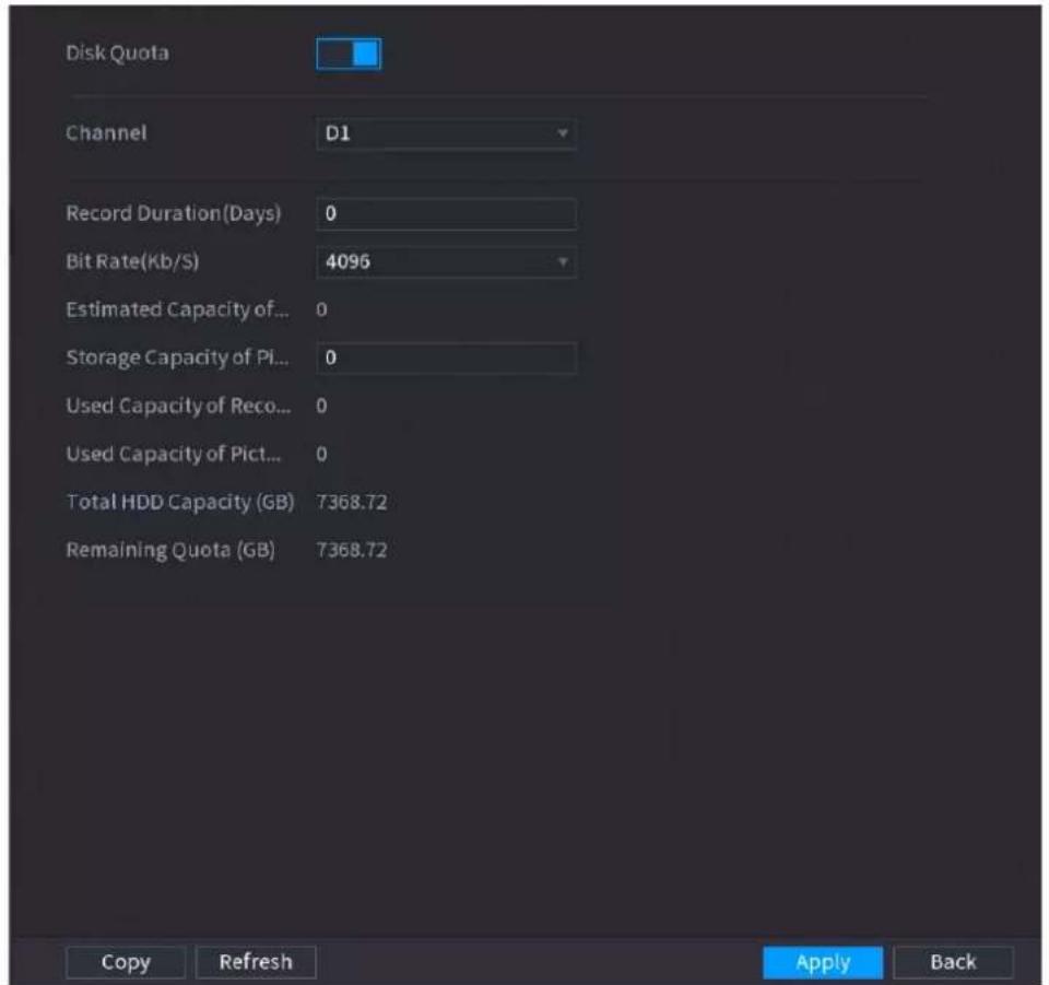 Disk Quota Channel D1 Record Duration(Days) 0 Bit Rate(Kb/S) 4096 Estimated Capacity of... 0 Storage Capacity of Pi... 0 Used Capacity of Reco... 0 Used Capacity of Pict... 0 Total HDD Capacity (GB) 7368.72 Remaining Quota (GB) 7368.72 Copy Refresh Apply Back