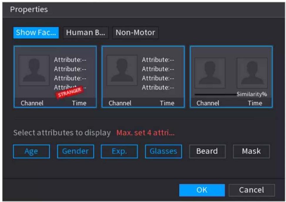 Properties Show Fac... Human B... Non-Motor Channel Time Channel Time Channel Channel Similarity% Similarity% Select attributes to display Max. set 4 attri... Age Gender Exp. Glasses Beard Mask OK Cancel