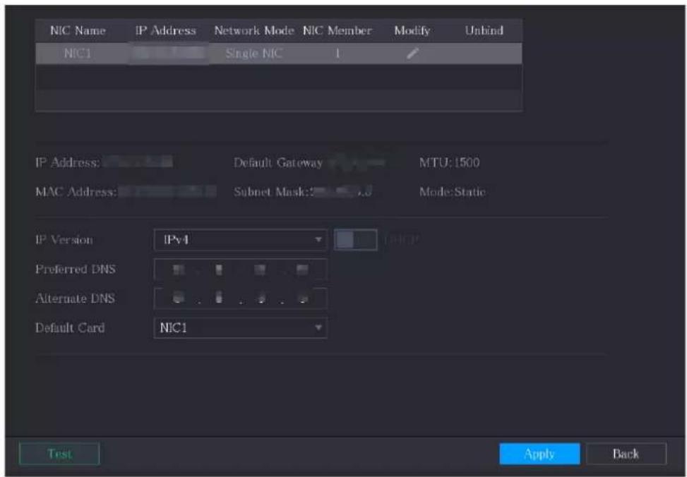 NIC Name IP Address Network Mode NIC Member Modify Unbind NIC1 Single NIC 1 IP Address: Default Gateway MTU: 1500 MAC Address: Subnet Mask: Mode: Static IP Version IPv4 Preferred DNS Alternate DNS Default Card NIC1 Test Apply Back