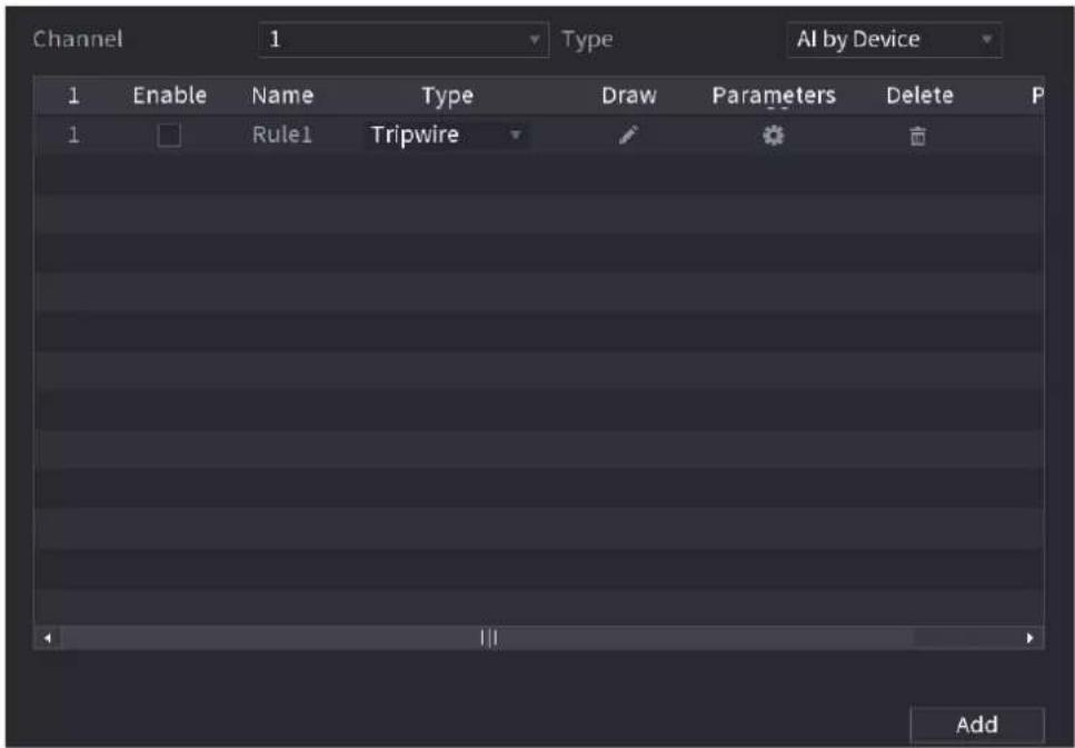 Channel 1 Type AI by Device 1 Enable Name Type Draw Parameters Delete P 1 Rule1 Tripwire Add