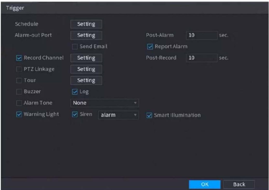 Trigger Schedule Setting Alarm-out Port Setting Post-Alarm 10 sec. Send Email Report Alarm Record Channel Setting Post-Record 10 sec. PTZ Linkage Setting Tour Setting Buzzer Log Alarm Tone None Warning Light Siren alarm Smart Illumination OK Back