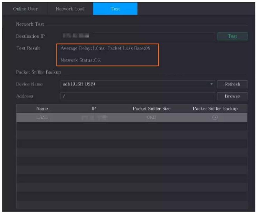 Online User Network Load Test Network Test Destination IP Test Test Result Average Delay: 1.0ms Packet Loss Rate: 0% Network Status: OK Packet Sniffer Backup Device Name sdb1(USB USB) Refresh Address / Browse Name IP Packet Sniffer Size Packet Sniffer Backup LAN1 OKB