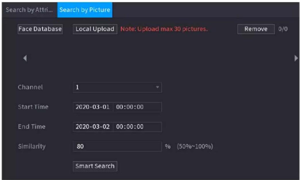 Search by Attribute... Search by Picture Face Database Local Upload Note: Upload max 30 pictures. Remove 0/0 Channel 1 Start Time 2020-03-01 00:00:00 End Time 2020-03-02 00:00:00 Similarity 80 % (50%~100%) Smart Search