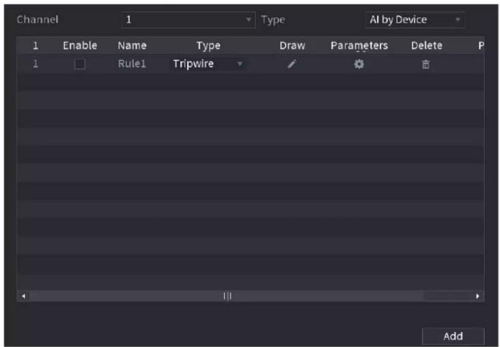 Channel 1 Type AI by Device 1 Enable Name Type Draw Parameters Delete P 1 Rule1 Tripwire Add