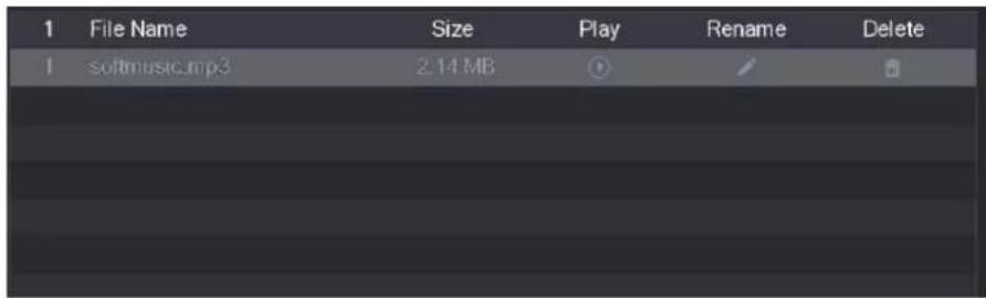 1 File Name Size Play Rename Delete 1 softmusic.mp3 2.14 MB