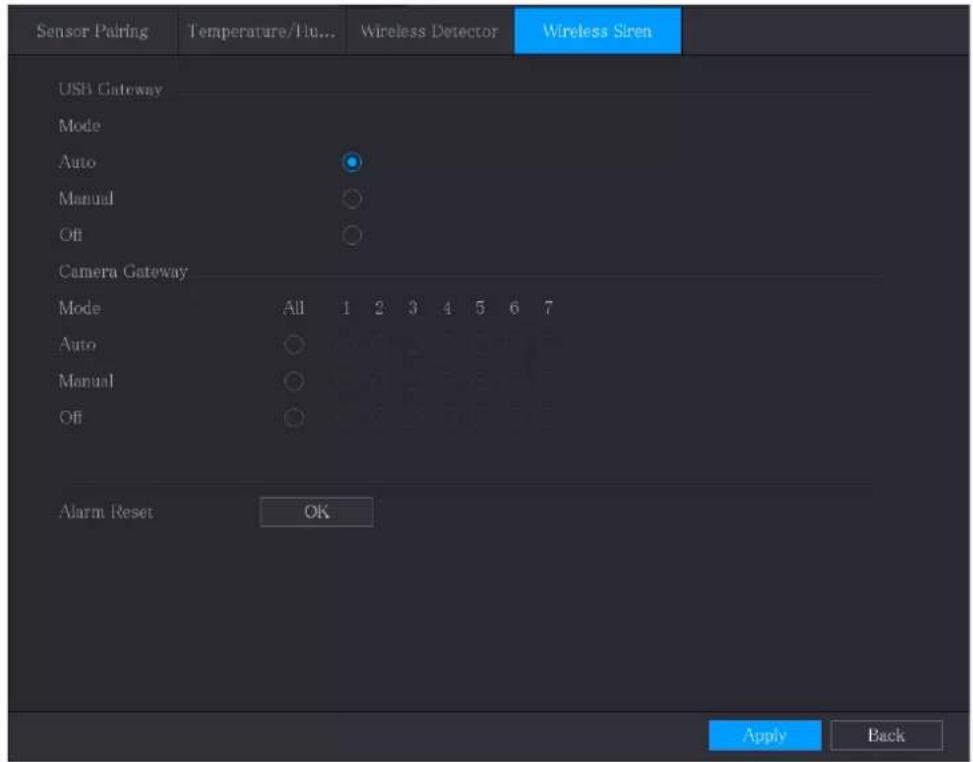 Sensor Pairing Temperature/Flu... Wireless Detector Wireless Siren USB Gateway Mode Auto Manual Off Camera Gateway Mode All 1 2 3 4 5 6 7 Auto ○ Manual ○ Off ○ Alarm Reset OK Apply Back