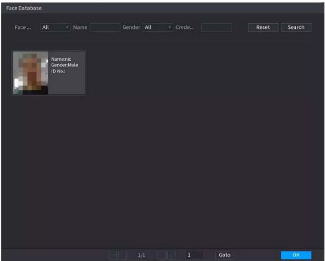 Face Database Face ... All Name Gender All Crede... Reset Search Name:nic Gender:Male ID No.: 1/1 1 Goto OK