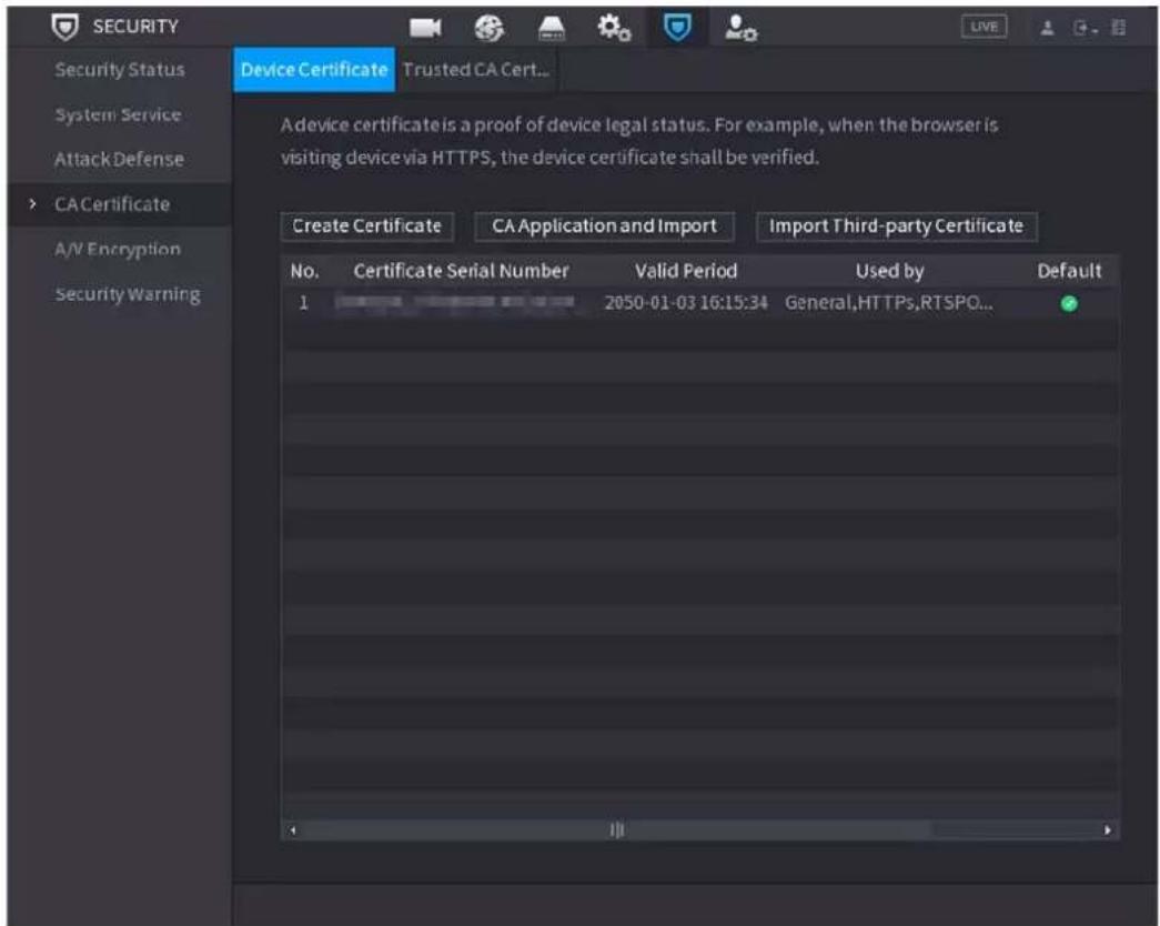 SECURITY Security Status System Service AttackDefense > CA Certificate A/V Encryption Security Warning Device Certificate Trusted CA Cert... A device certificate is a proof of device legal status. For example, when the browser is visiting device via HTTPS, the device certificate shall be verified. Create Certificate CA Application and Import Import Third-party Certificate No. Certificate Serial Number Valid Period Used by Default 1 2050-01-03 16:15:34 General,HTTPS,RTSPQ...