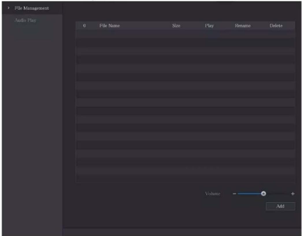 File Management Audio Play 0 File Name Size Play Rename Delete Volume - + Add