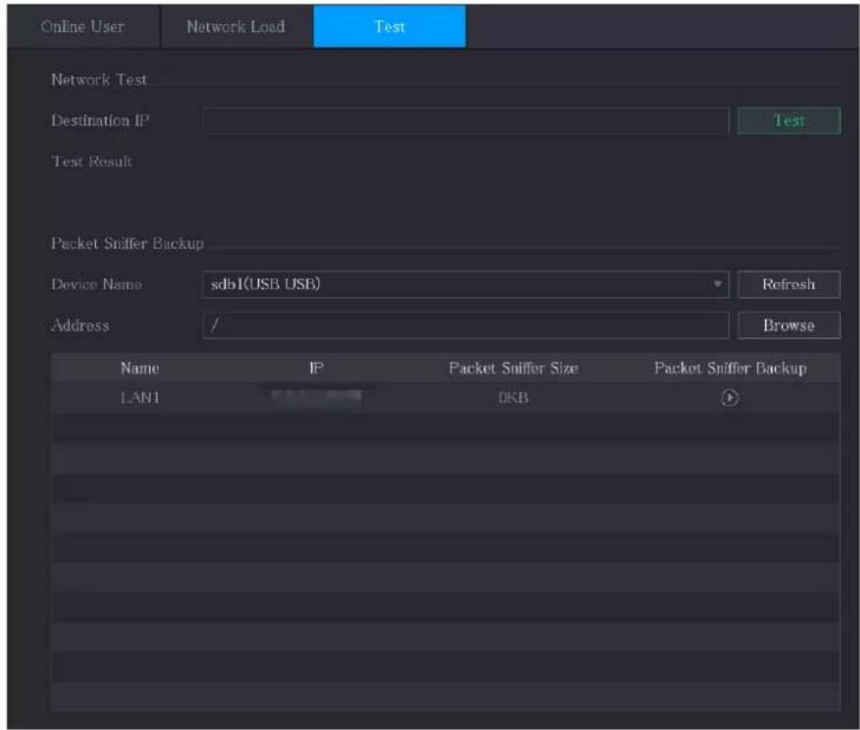 Online User Network Load Test Network Test Destination IP Test Result Packet Sniffer Backup Device Name:sdb1(USB USB) Refresh Address / Browse Name IP Packet Sniffer Size Packet Sniffer Backup LAN1 OKB