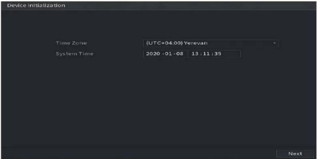 Device Initialization Time Zone (UTC+04:00) Yerevan System Time 2020 -01 -08 13 : 11 : 35 Next