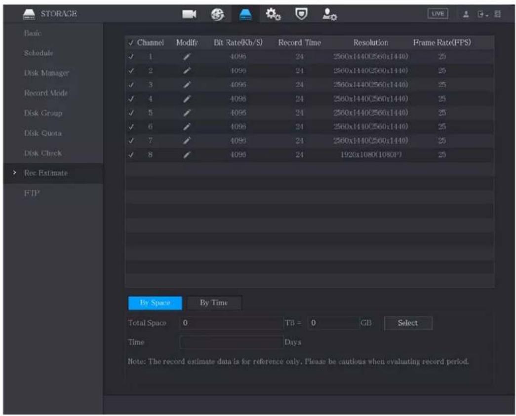 STORAGE Basic Schedule Disk Manager Record Mode Disk Group Disk Quota Disk Check Rec Estimate FTP ✓ Channel Modify Bit Rate(Kb/S) Record Time Resolution Frame Rate(FPS) ✓ 1 ✓ 4096 24 2560x1440(2560x1440) 25 ✓ 2 ✓ 4096 24 2560x1440(2560x1440) 25 ✓ 3 ✓ 4096 24 2560x1440(2560x1440) 25 ✓ 4 ✓ 4096 24 2560x1440(2560x1440) 25 ✓ 5 ✓ 4096 24 2560x1440(2560x1440) 25 ✓ 6 ✓ 4096 24 2560x1440(2560x1440) 25 ✓ 7 ✓ 4096 24 2560x1440(2560x1440) 25 ✓ 8 ✓ 4096 24 1920x1080(1080P) 25 By Space By Time Total Space 0 TB = 0 GB Select Time Days Note: The record estimate data is for reference only. Please be cautious when evaluating record period.