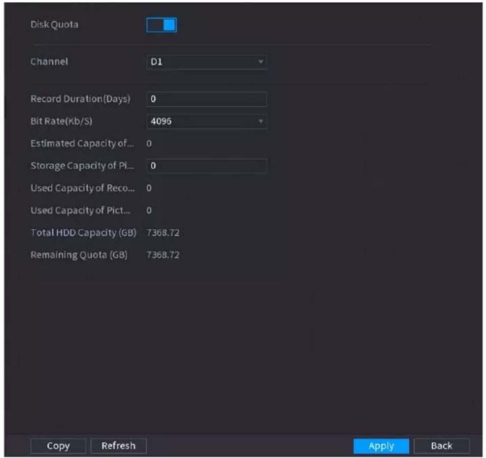 Disk Quota Channel D1 Record Duration(Days) 0 Bit Rate(Kb/S) 4095 Estimated Capacity of... 0 Storage Capacity of Pi... 0 Used Capacity of Reco... 0 Used Capacity of Pict... 0 Total HDD Capacity (GB) 7368.72 Remaining Quota (GB) 7368.72 Copy Refresh Apply Back
