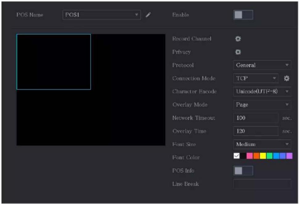 POS Name POSI Enable Record Channel Privacy Protocol General Connection Mode TCP Character Encode Unicode(UTF-8) Overlay Mode Page Network Timeout 100 sec. Overlay Time 120 sec. Font Size Medium Font Color POS Info Line Break