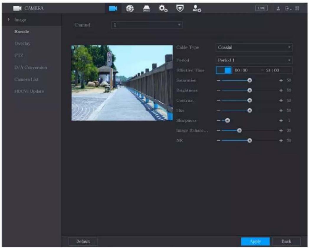 CAMERA Image Encode Overlay PTZ D/A Conversion Camera List HDCVI Update Channel 1 Cable Type Coaxial Period Period 1 Effective Time 00:00 - 24:00 Saturation - + 50 Brightness - + 50 Contrast - + 50 Hue - + 50 Sharpness - + 1 Image Balance... - + 30 NR - + 50 Default Apply Back