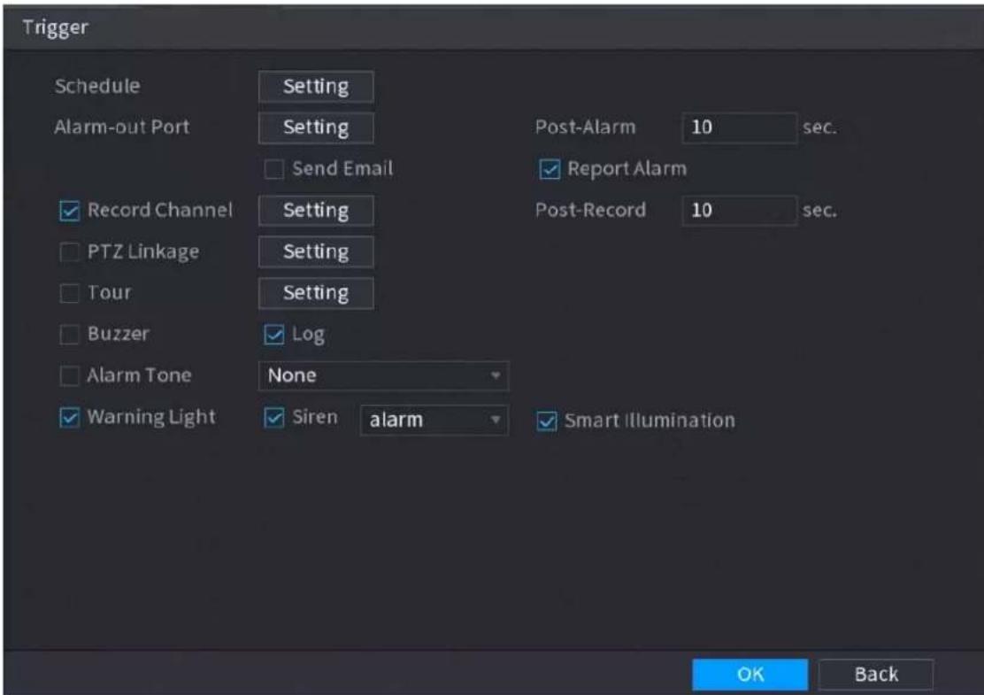 Trigger Schedule Setting Alarm-out Port Setting Post-Alarm 10 sec. Send Email Report Alarm Record Channel Setting Post-Record 10 sec. PTZ Linkage Setting Tour Setting Buzzer Log Alarm Tone None Warning Light Siren alarm Smart Illumination OK Back