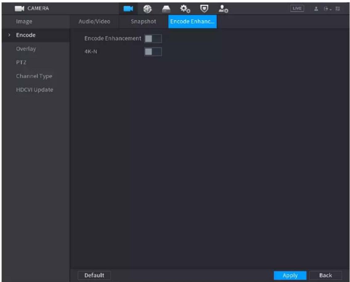 CAMERA Image Audio/Video Snapshot Encode Enhance... Encode Overlay PTZ Channel Type HDCVI Update Encode Enhancement 4K-N Default Apply Back