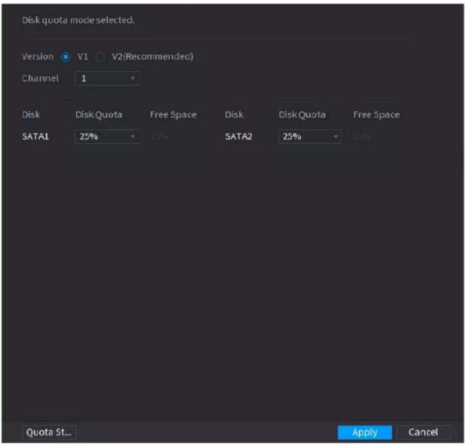 Disk quota mode selected. Version V1 V2(Recommended) Channel 1 Disk Disk Quota Free Space Disk Disk Quota Free Space SATA1 25% SATA2 25% Quota St... Apply Cancel