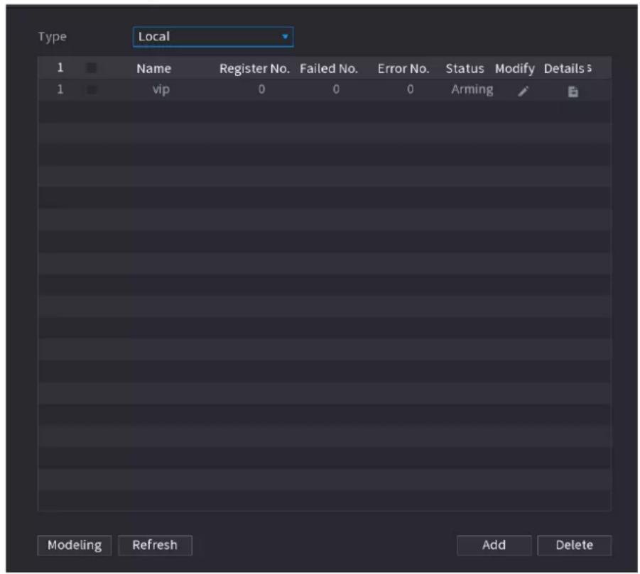 Type Local 1 Name Register No. Failed No. Error No. Status Modify Details 5 1 vip 0 0 0 Arming Modeling Refresh Add Delete