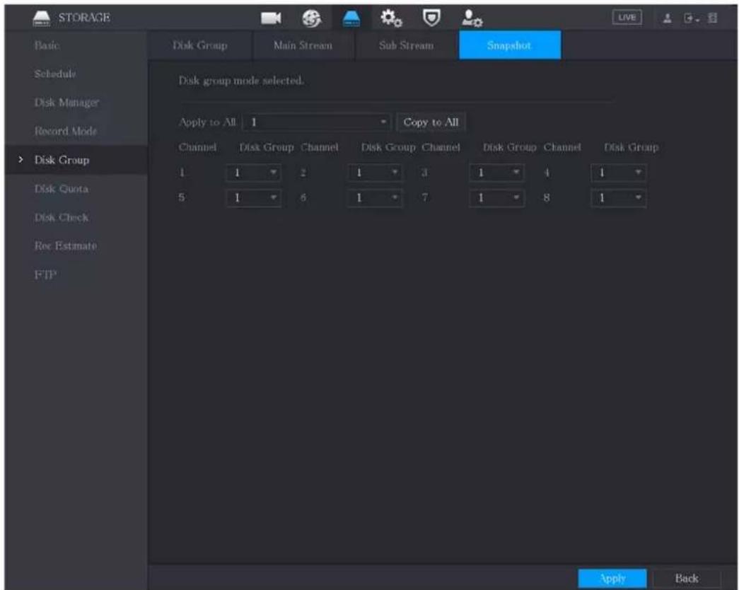 STORAGE Basic Schedule Disk Manager Record Mode Disk Group Disk Quota Disk Check Rec Estimate FTP Disk Group mode selected. Apply to All 1 Copy to All Channel Disk Group Channel Disk Group Channel Disk Group Channel Disk Group 1 1 2 1 3 1 4 1 5 1 6 1 7 1 8 1 Apply Back