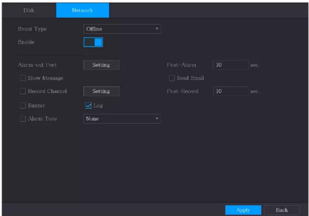 Disk Network Event Type Offline Enable Alarm-out Port Setting Post-Alarm 10 sec. Show Message Send Email Record Channel Setting Post-Record 10 sec. Buzzer Log Alarm Tone None Apply Back