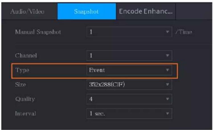 Audio/Video Snapshot Encode Enhanc... Manual Snapshot 1 /Time Channel 1 Type Event Size 352x288(CIF) Quality 4 Interval 1 sec.
