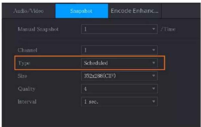 Audio/Video Snapshot Encode Enhanc... Manual Snapshot 1 /Time Channel 1 Type Scheduled Size 352x288(CIF) Quality 4 Interval 1 sec.
