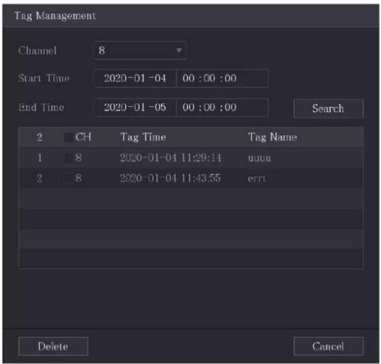 Tag Management Channel 8 Start Time 2020-01-04 00:00:00 End Time 2020-01-05 00:00:00 Search 2 CH Tag Time Tag Name 1 8 2020-01-04 11:29:14 uuuu 2 8 2020-01-04 11:43:55 errt Delete Cancel
