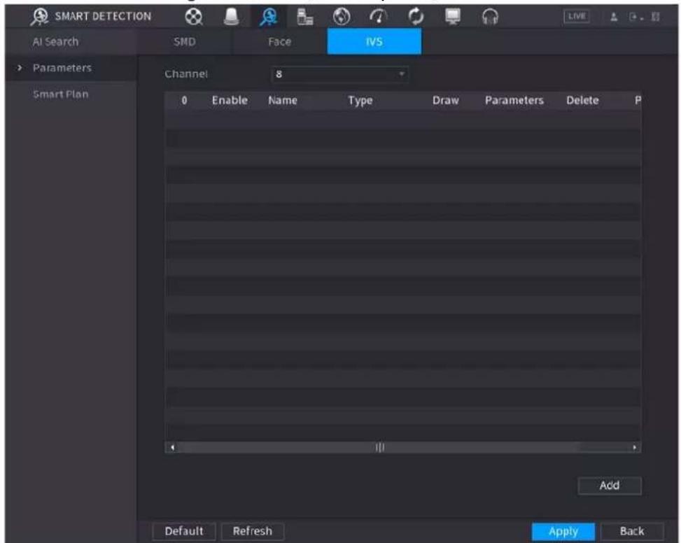 SMART DETECTION AI Search SMD Face IVS Parameters Smart Plan Channel 8 0 Enable Name Type Draw Parameters Delete P Add Default Refresh Apply Back