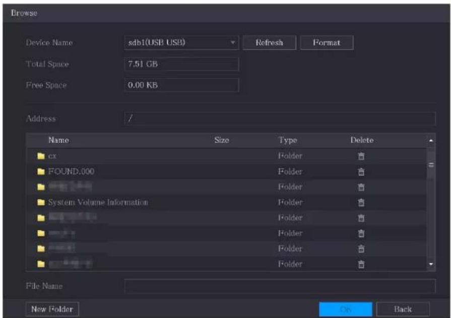 Browse Device Name:sdb1(USB USB) Refresh Format Total Space 7.51 GB Free Space 0.00 KB Address // Name Size Type Delete □ cx Folder ☑ □ FOUND.000 Folder ☑ □ System Volume Information Folder ☑ □ Folder ☑ □ Folder ☑ □ Folder ☑ File Name: New Folder OK Back