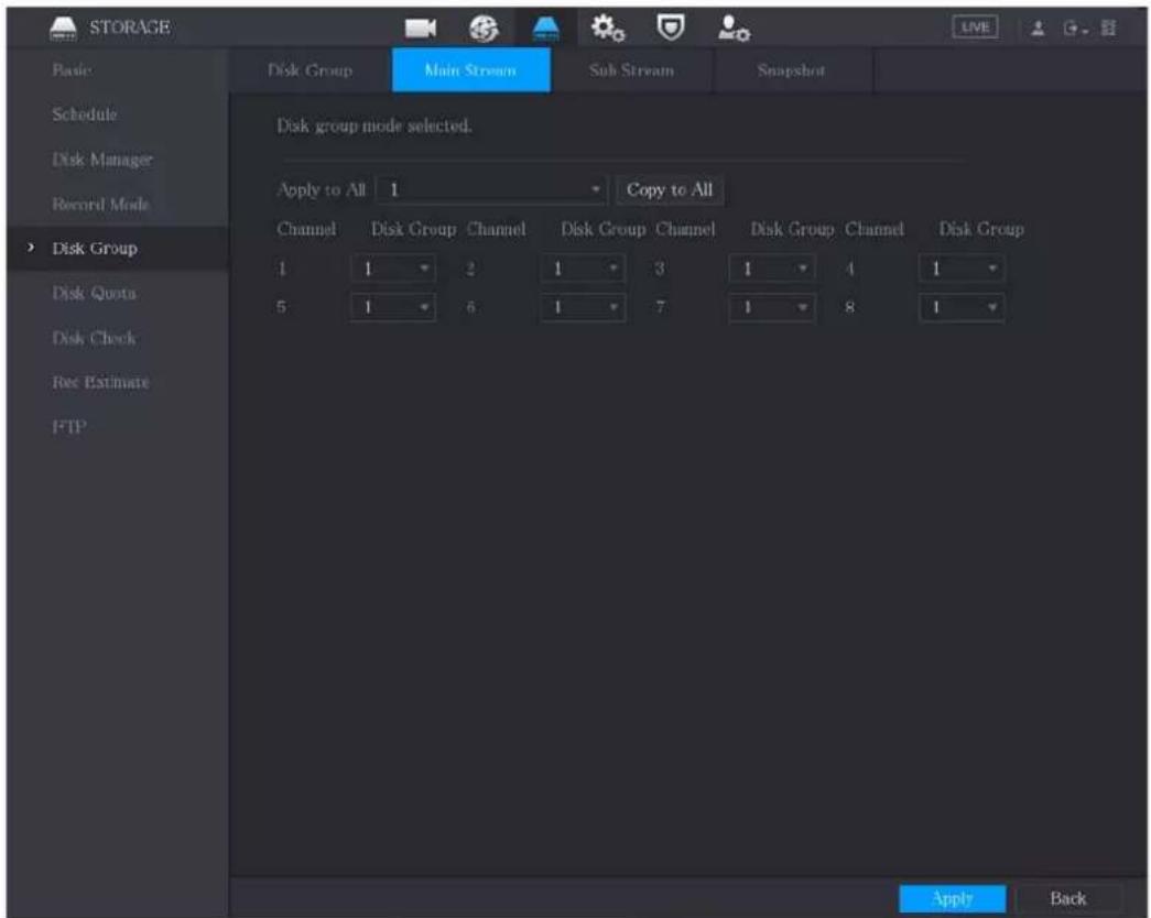 STORAGE Basic Schedule Disk Manager Record Mode Disk Group Disk Quota Disk Check Ree Estimate FTP Disk Group Main Stream Sub Stream Snapshot Disk group mode selected. Apply to All 1 Copy to All Channel Disk Group Channel Disk Group Channel Disk Group Channel Disk Group 1 1 2 1 3 1 4 1 5 1 6 1 7 1 8 1 Apply Back