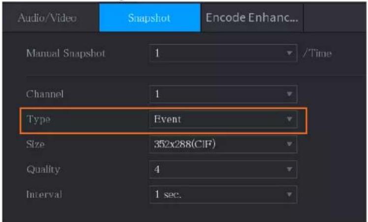 Audio/Video Snapshot Encode Enhanc... Manual Snapshot 1 /Time Channel 1 Type Event Size 352x288(CIF) Quality 4 Interval 1 sec.