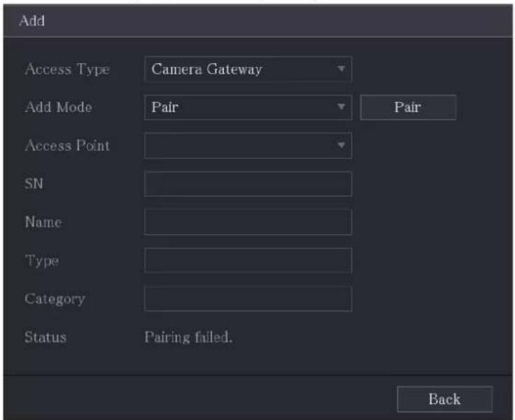 Add Access Type Camera Gateway Add Mode Pair Pair Access Point SN Name Type Category Status Pairing failed. Back