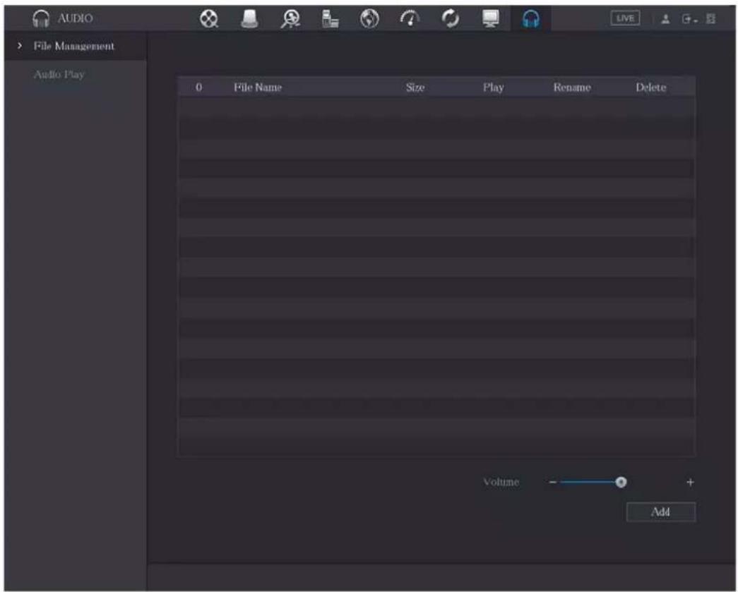 AUDIO File Management Audio Play 0 File Name Size Play Rename Delete Volume - + Add