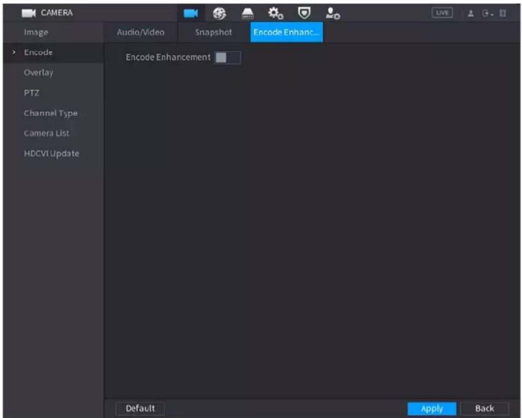 CAMERA Image Audio/Video Snapshot Encode Enhanc... Encode Overlay PTZ Channel Type Camera List HDCVI Update Encode Enhancement Default Apply Back