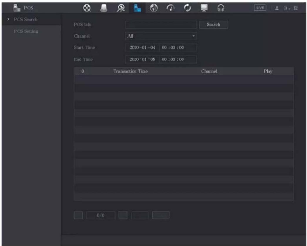 POS POS Search POS Setting POS Info Search Channel All Start Time 2020-01-04 00:00:00 End Time 2020-01-05 00:00:00 0 Transaction Time Channel Play 0/0