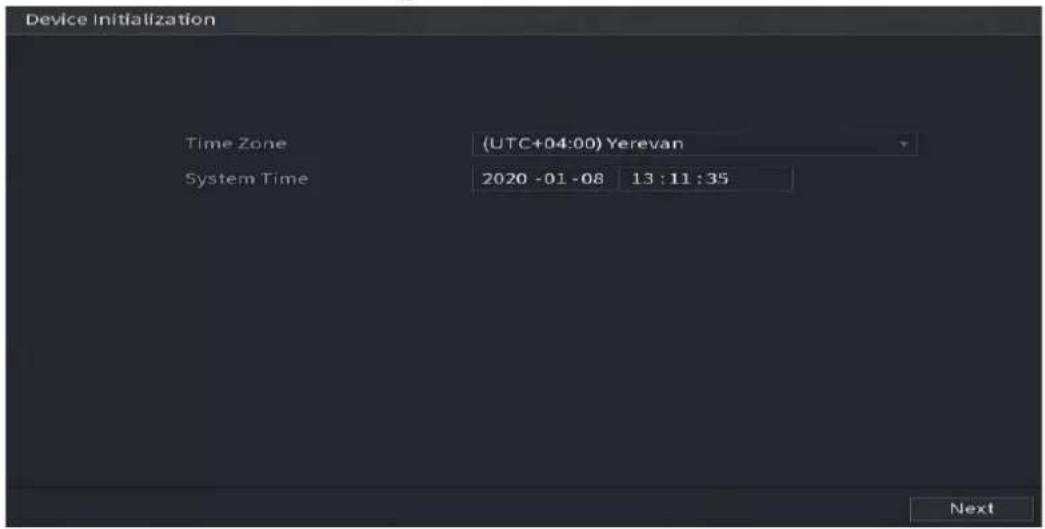Device Initialization Time Zone (UTC+04:00) Yerevan System Time 2020 -01 -08 13 : 11 : 35 Next