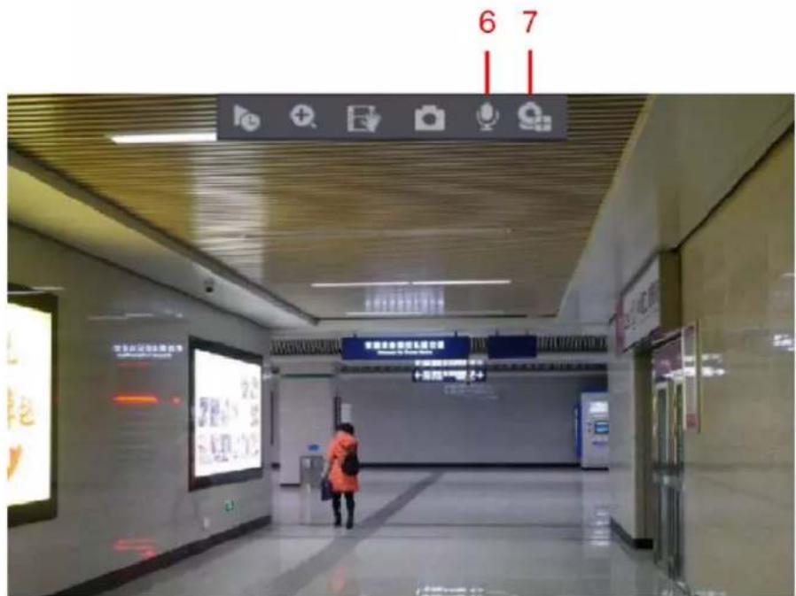 Interior photo of a subway station platform with visible signage and digital displays, including numbered markers 6 and 7 above the ceiling.
