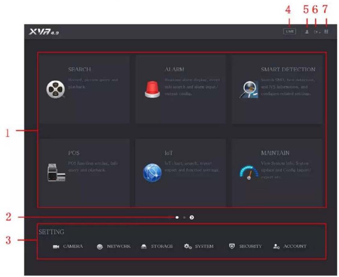 XVA 4.0 1 2 3 1 SEARCH Record, picture query and playback. ALARM Reaction alarm display, event info search and alarm input/output config. SMART DETECTION Search SMD, face detection, and IVS information, and configure related settings. POS POS function setting, info query and playback. IoT IoT chart, search, report export and function settings. MAINTAIN View System info, System update and Config /report/export etc. SETTING CAMERA NETWORK STORAGE SYSTEM SECURITY ACCOUNT